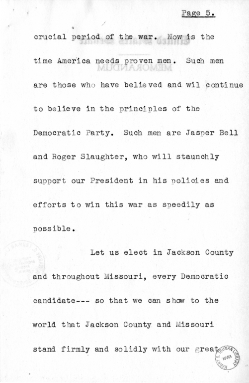 Speech of Senator Harry S. Truman at Jackson County, Missouri