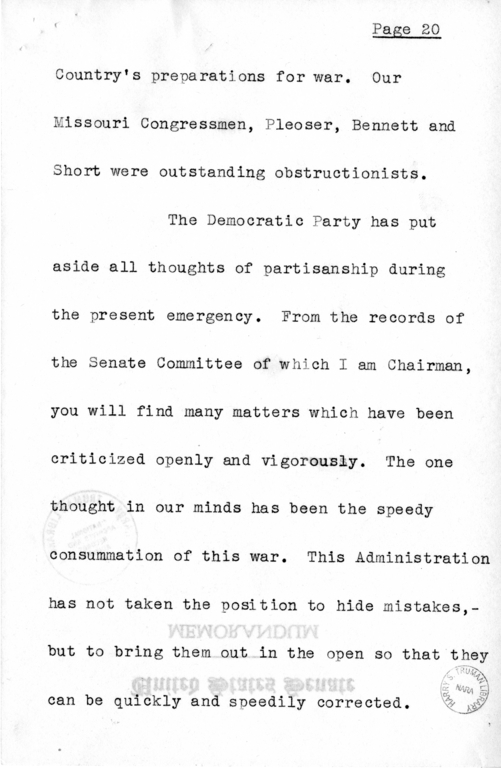 Speech of Senator Harry S. Truman at Jackson County, Missouri