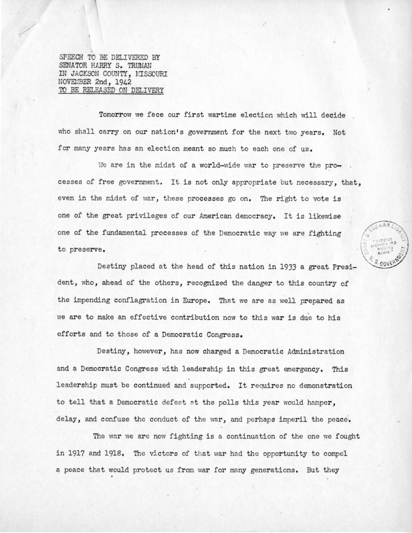 Speech of Senator Harry S. Truman at Jackson County, Missouri