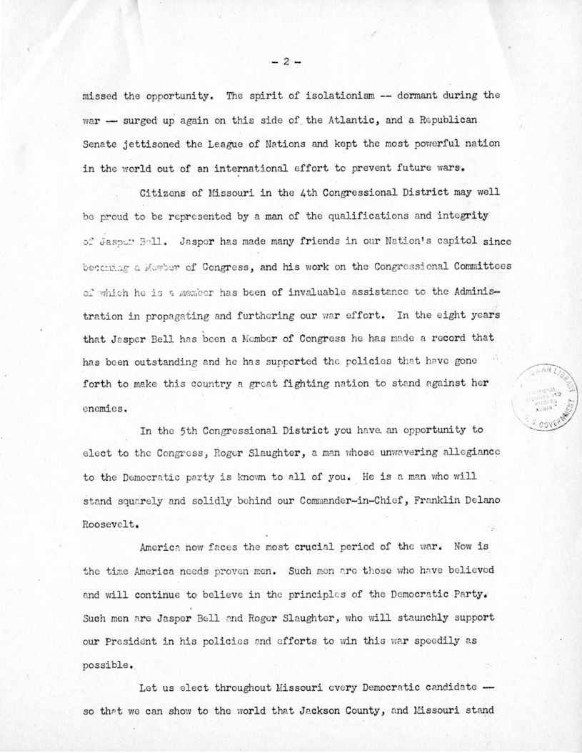 Speech of Senator Harry S. Truman at Jackson County, Missouri