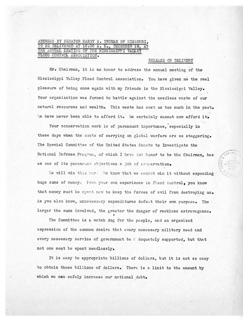 Speech of Senator Harry S. Truman Before the Annual Meeting of the Mississippi Valley Flood Control Association at New Orleans, Louisiana