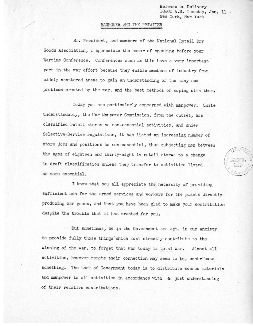 Speech of Senator Harry S. Truman at New York, New York