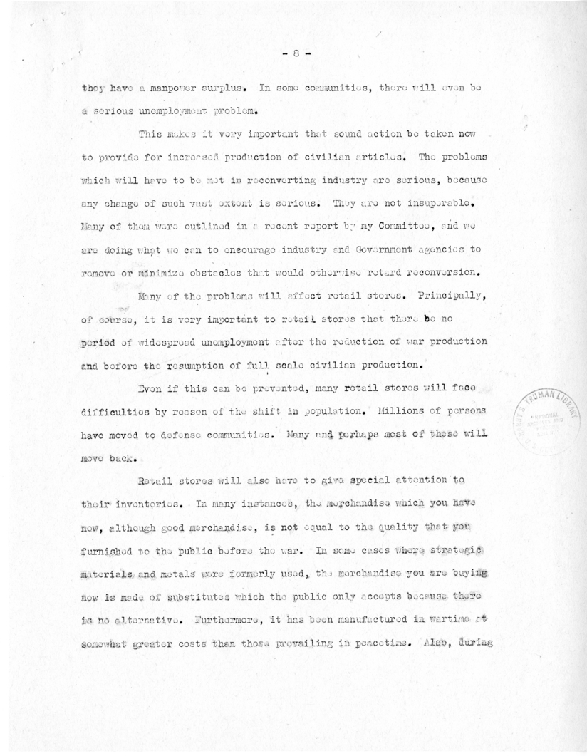 Speech of Senator Harry S. Truman at New York, New York