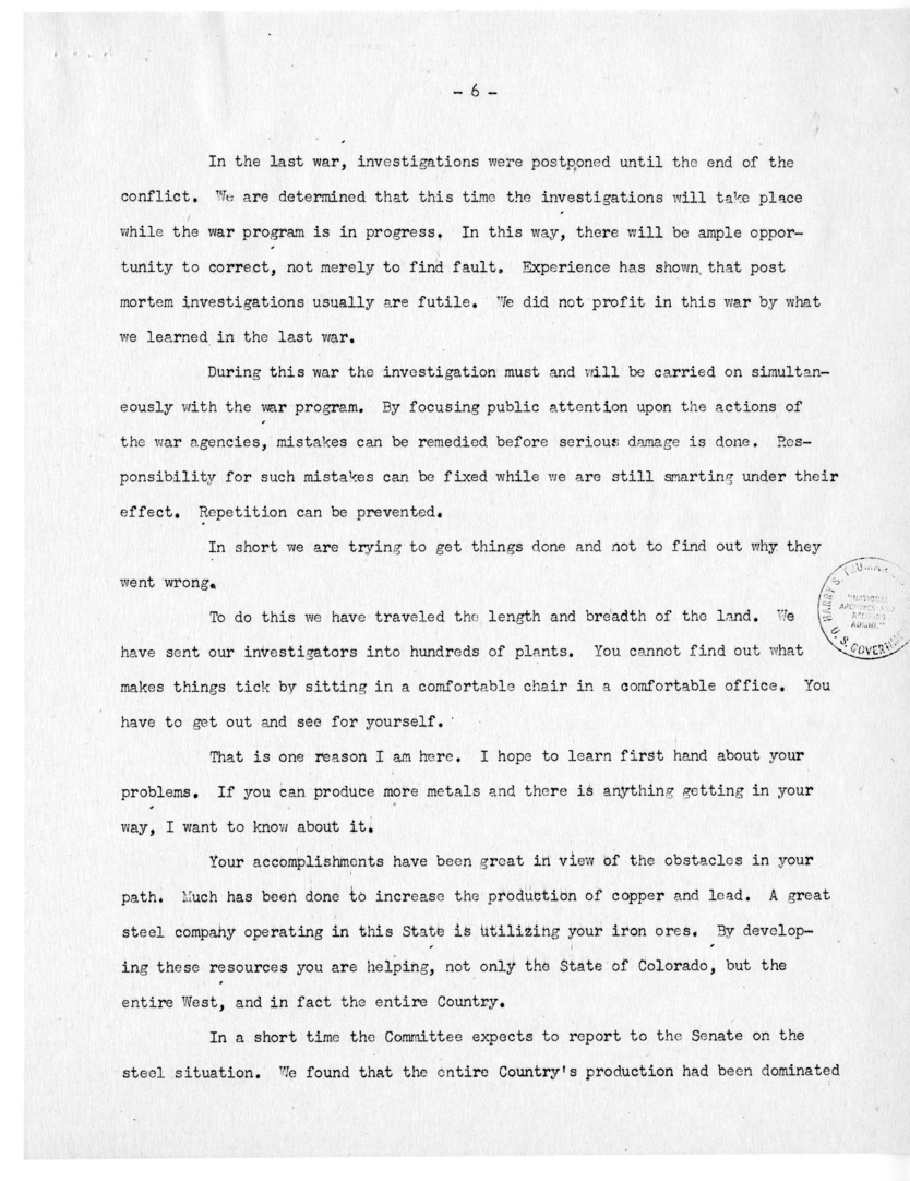 Speech of Senator Harry S. Truman Before the Colorado Mining Association at Denver, Colorado