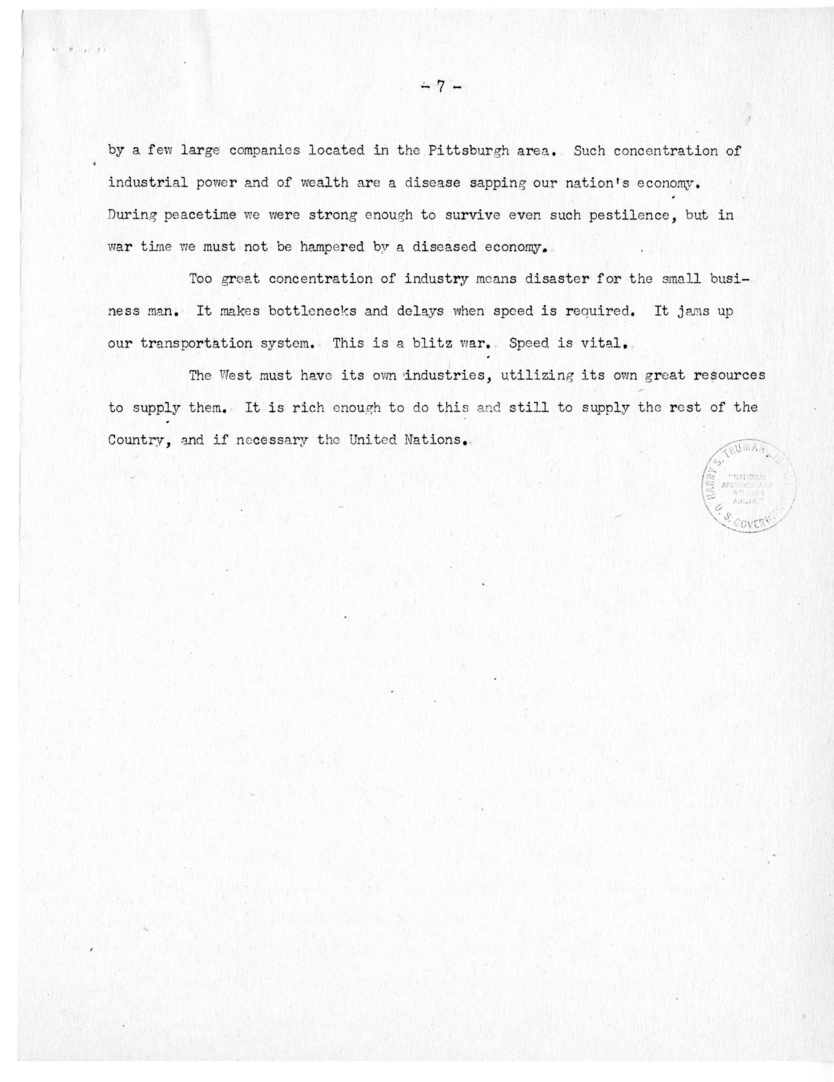 Speech of Senator Harry S. Truman Before the Colorado Mining Association at Denver, Colorado