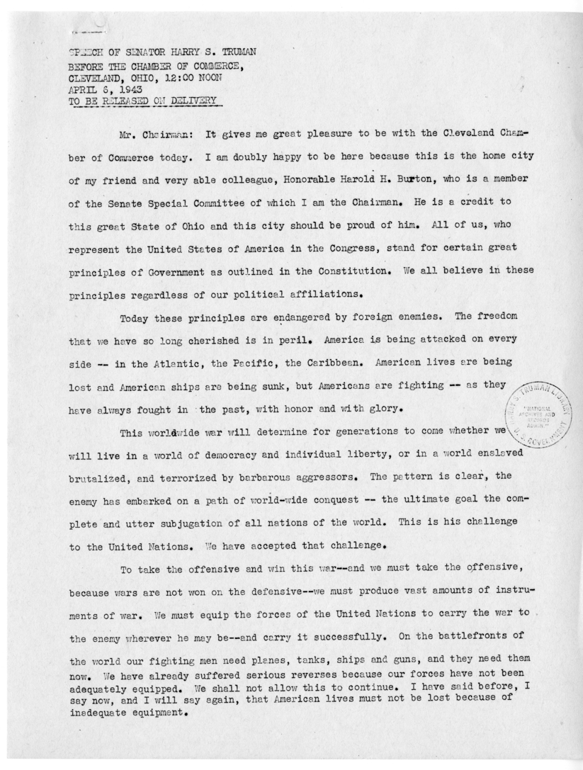 Speech of Senator Harry S. Truman in Cleveland, Ohio