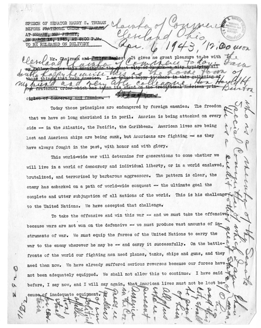 Draft Speech of Senator Harry S. Truman to the Chamber of Commerce, Cleveland, Ohio