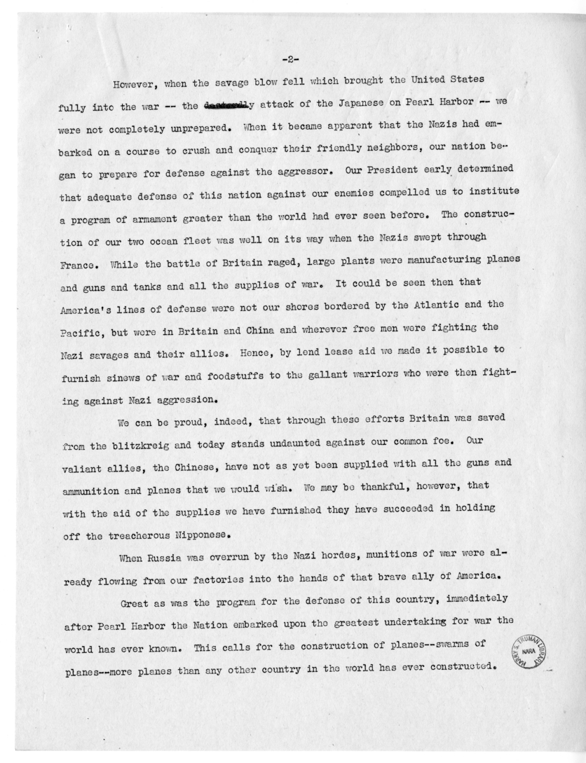 Draft Speech of Senator Harry S. Truman to the Chamber of Commerce, Cleveland, Ohio