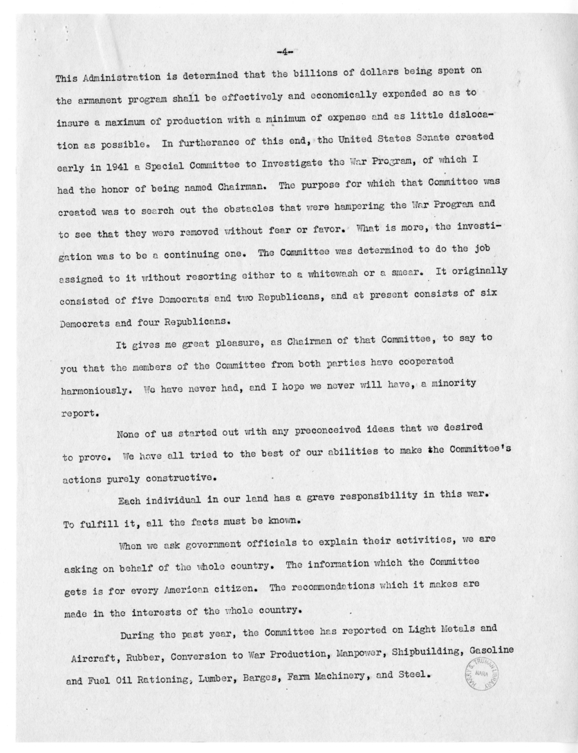 Draft Speech of Senator Harry S. Truman to the Chamber of Commerce, Cleveland, Ohio