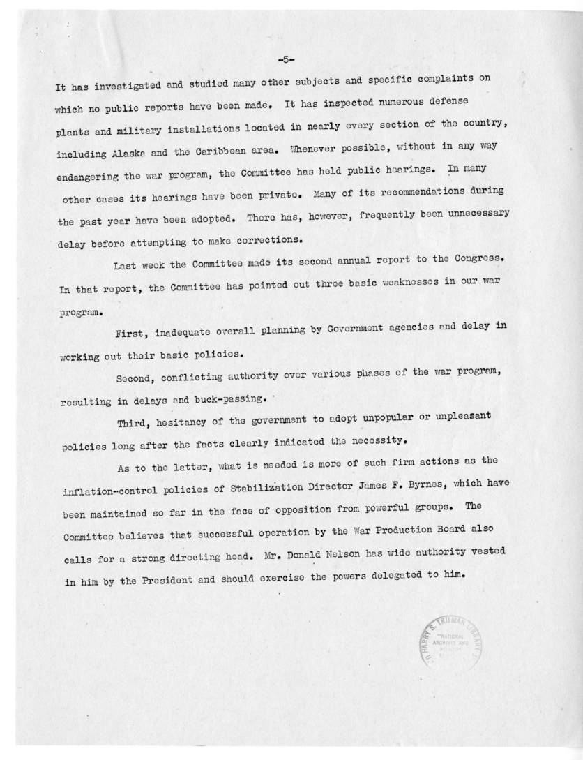 Draft Speech of Senator Harry S. Truman to the Chamber of Commerce, Cleveland, Ohio