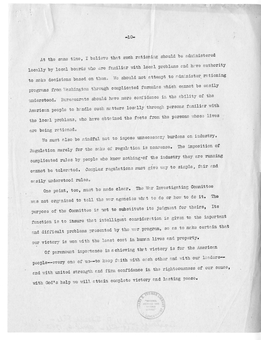 Draft Speech of Senator Harry S. Truman to the Chamber of Commerce, Cleveland, Ohio