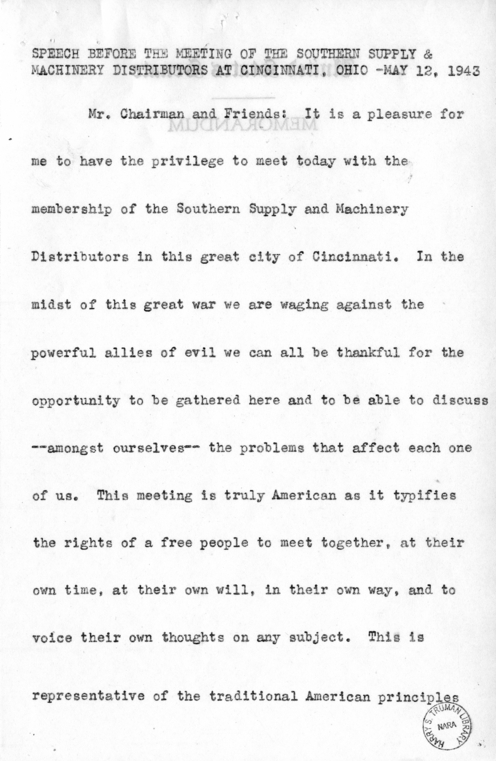 Speech of Senator Harry S. Truman Before the Southern Supply & Machinery Distributors at Cincinnati, Ohio