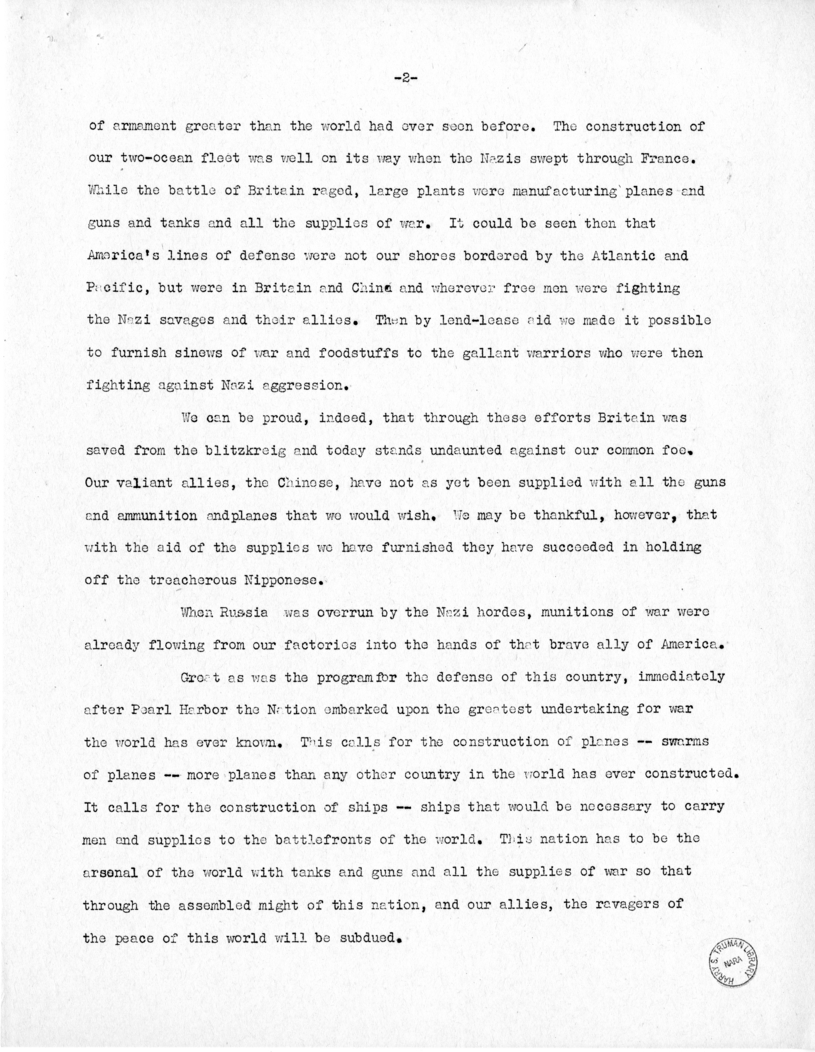 Speech of Senator Harry S. Truman Before the Meeting of the Executives' Club of Chicago at Chicago, Illinois