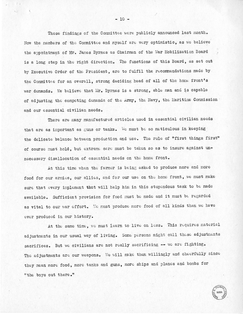 Speech of Senator Harry S. Truman Before the Meeting of the Executives' Club of Chicago at Chicago, Illinois