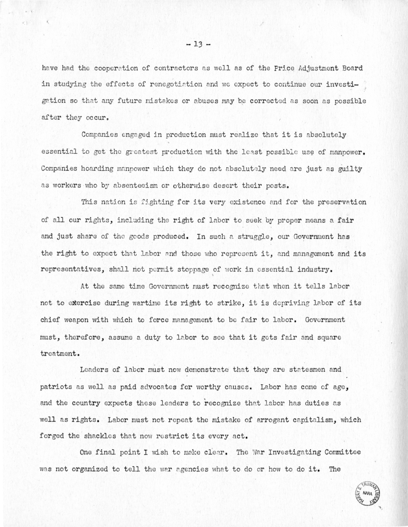 Speech of Senator Harry S. Truman Before the Meeting of the Executives' Club of Chicago at Chicago, Illinois