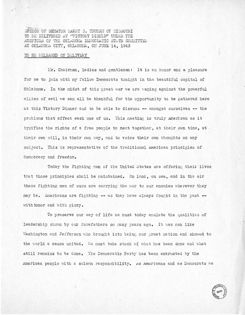 Speech of Senator Harry S. Truman at Oklahoma City, Oklahoma