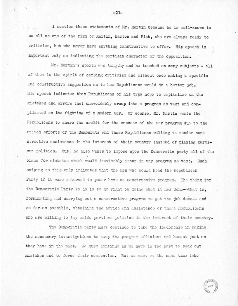 Speech of Senator Harry S. Truman at Oklahoma City, Oklahoma