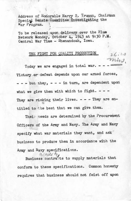 Draft Radio Speech of Senator Harry S. Truman Delivered at Shenandoah, Iowa