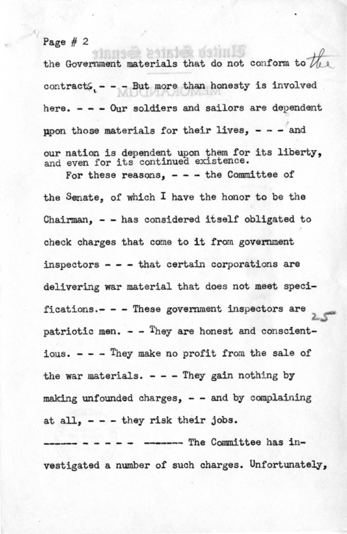 Draft Radio Speech of Senator Harry S. Truman Delivered at Shenandoah, Iowa