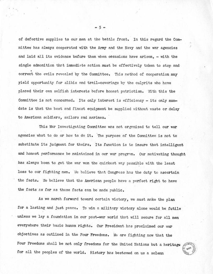 Speech of Senator Harry S. Truman on "Ball,  Burton, Hatch, Hill" Resolution