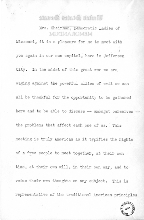 Speech of Senator Harry S. Truman Before the Democratic Women's Club of Missouri at Jefferson City, Missouri