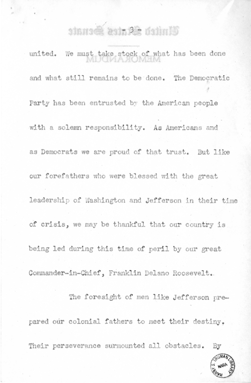 Speech of Senator Harry S. Truman Before the Democratic Women's Club of Missouri at Jefferson City, Missouri