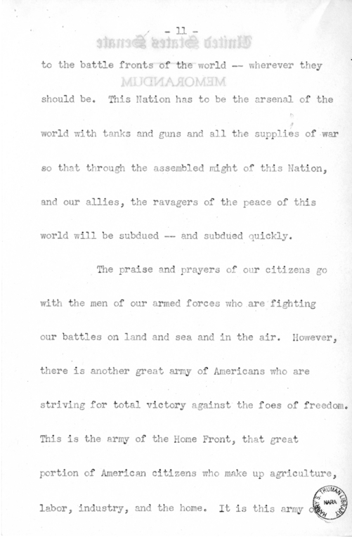 Speech of Senator Harry S. Truman Before the Democratic Women's Club of Missouri at Jefferson City, Missouri