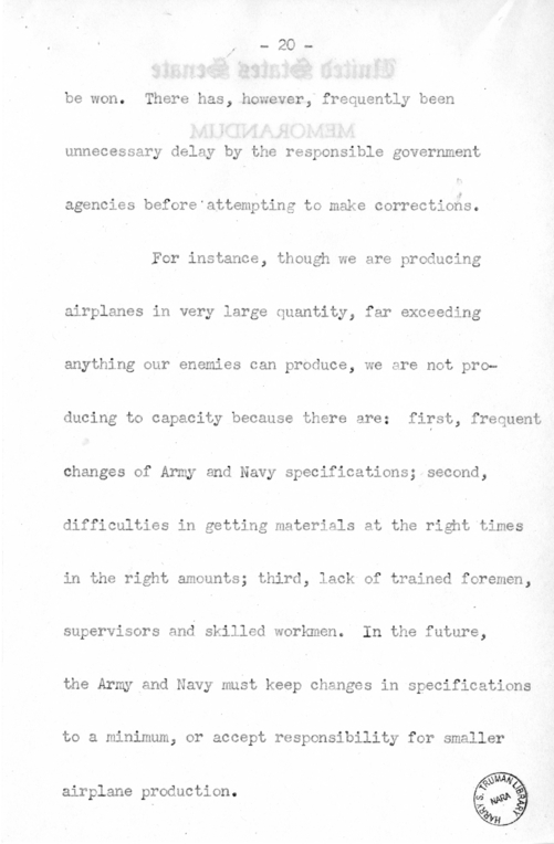 Speech of Senator Harry S. Truman Before the Democratic Women's Club of Missouri at Jefferson City, Missouri