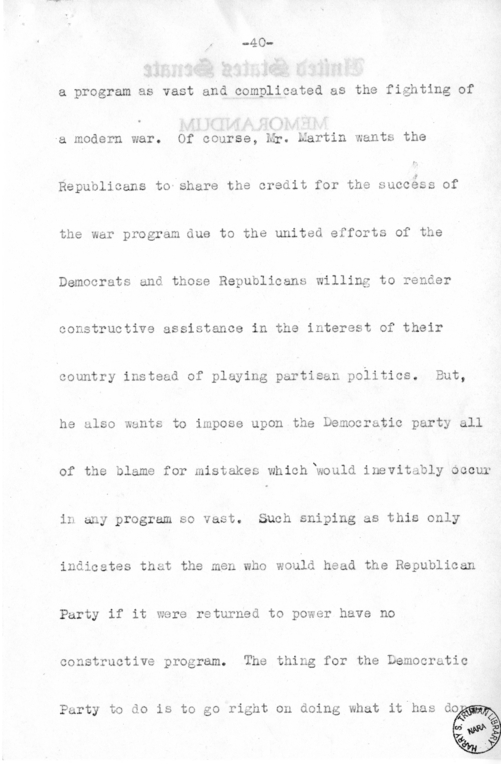 Speech of Senator Harry S. Truman Before the Democratic Women's Club of Missouri at Jefferson City, Missouri