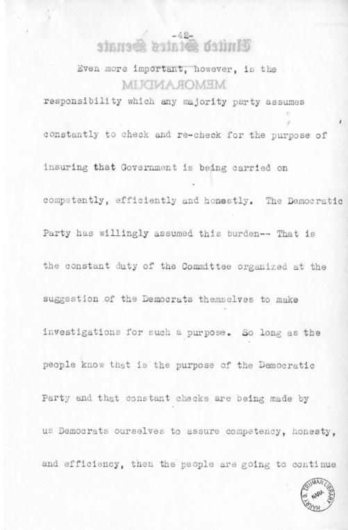 Speech of Senator Harry S. Truman Before the Democratic Women's Club of Missouri at Jefferson City, Missouri