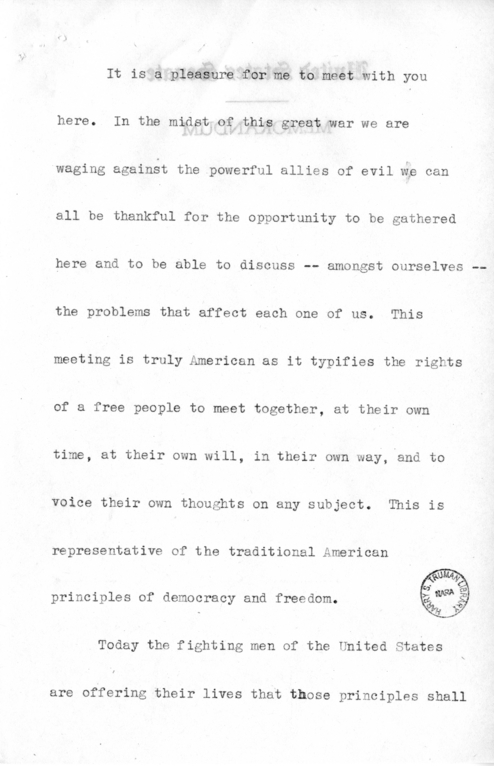 Speech of Senator Harry S. Truman Before the Democratic Women's Council at Washington D.C.