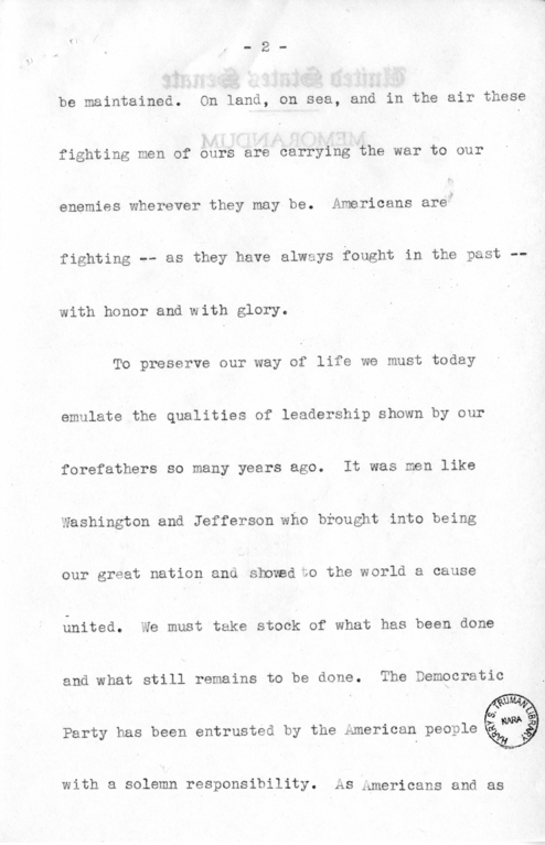 Speech of Senator Harry S. Truman Before the Democratic Women's Council at Washington D.C.