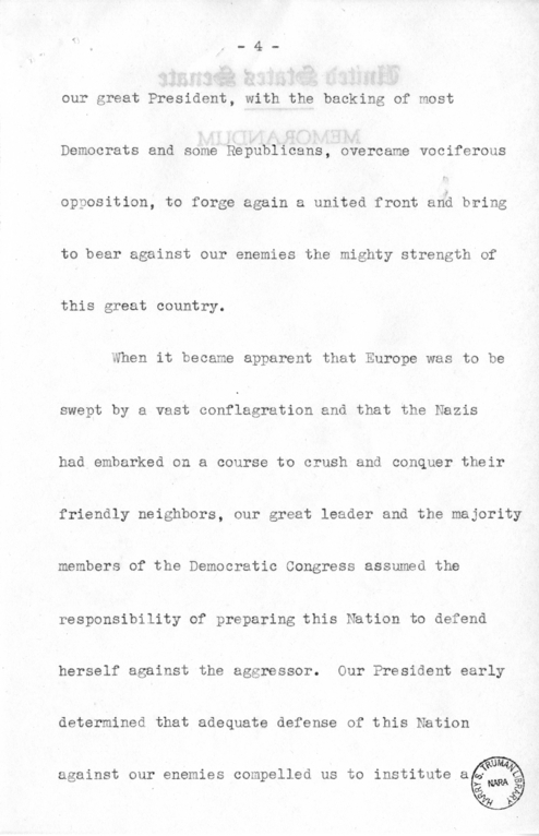 Speech of Senator Harry S. Truman Before the Democratic Women's Council at Washington D.C.