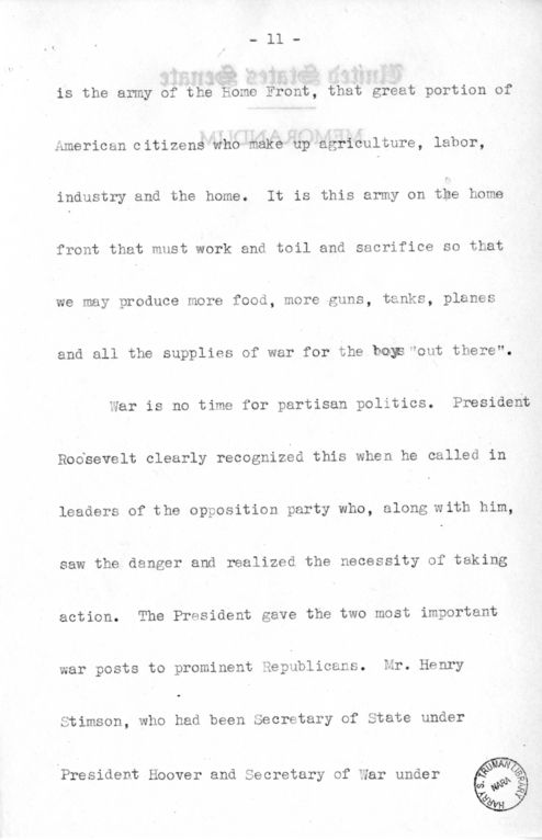 Speech of Senator Harry S. Truman Before the Democratic Women's Council at Washington D.C.