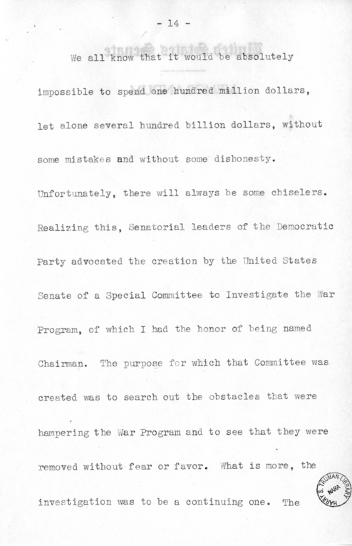 Speech of Senator Harry S. Truman Before the Democratic Women's Council at Washington D.C.