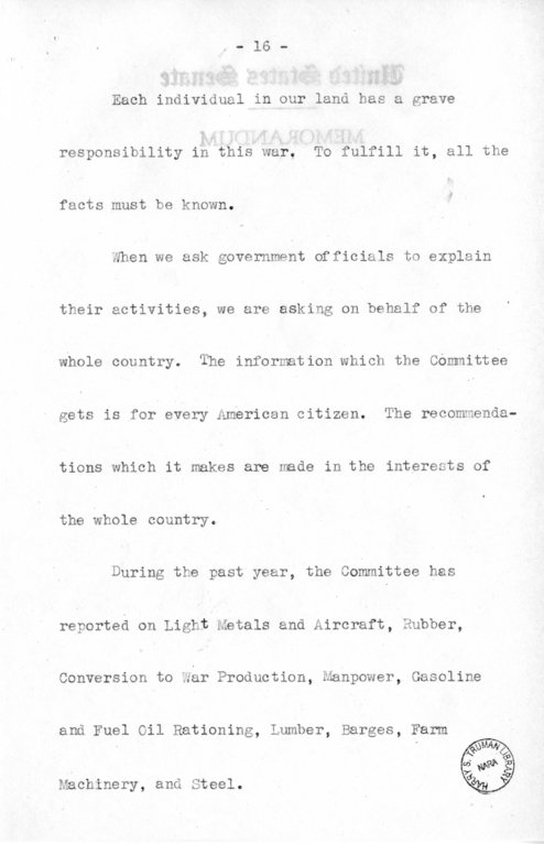 Speech of Senator Harry S. Truman Before the Democratic Women's Council at Washington D.C.