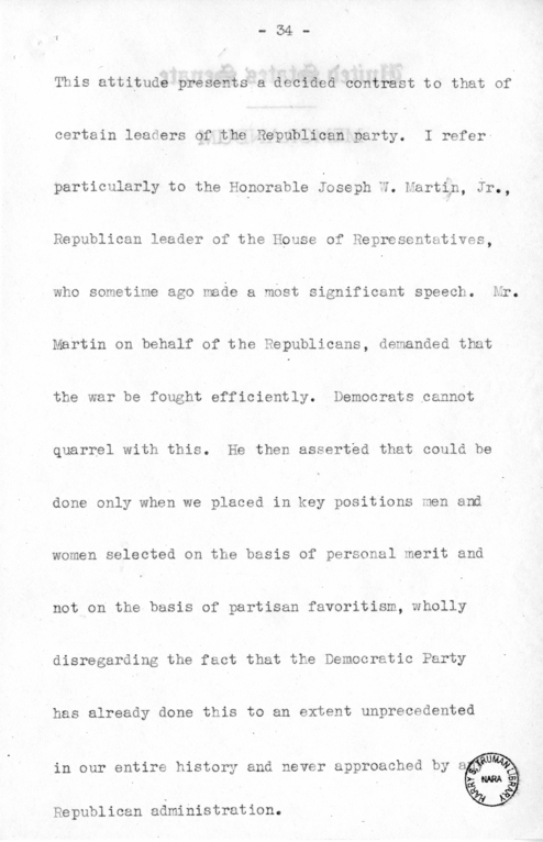 Speech of Senator Harry S. Truman Before the Democratic Women's Council at Washington D.C.