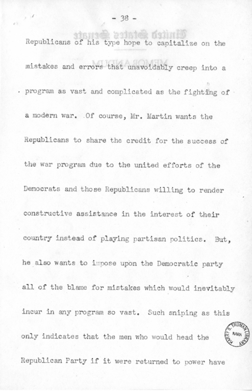 Speech of Senator Harry S. Truman Before the Democratic Women's Council at Washington D.C.