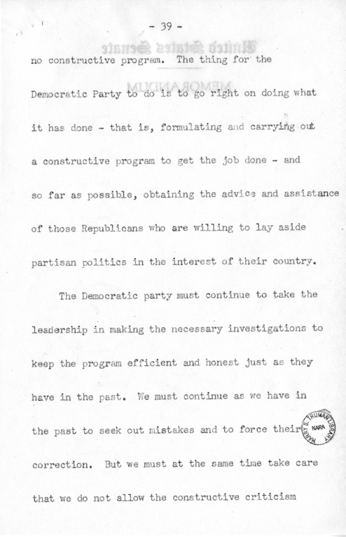 Speech of Senator Harry S. Truman Before the Democratic Women's Council at Washington D.C.