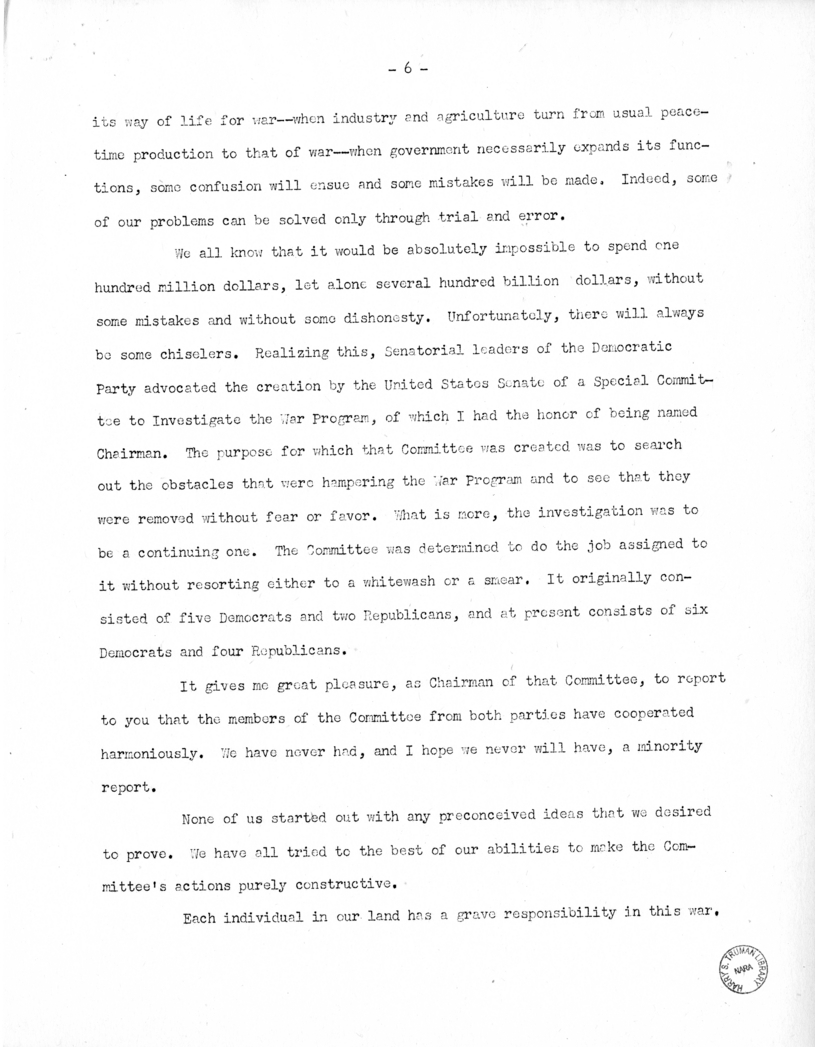 Speech of Senator Harry S. Truman at Washington, D.C.