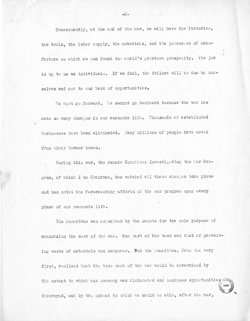 Speech of Senator Harry S. Truman Before the National Conference of the Society for Advancement of Management at New York, New York