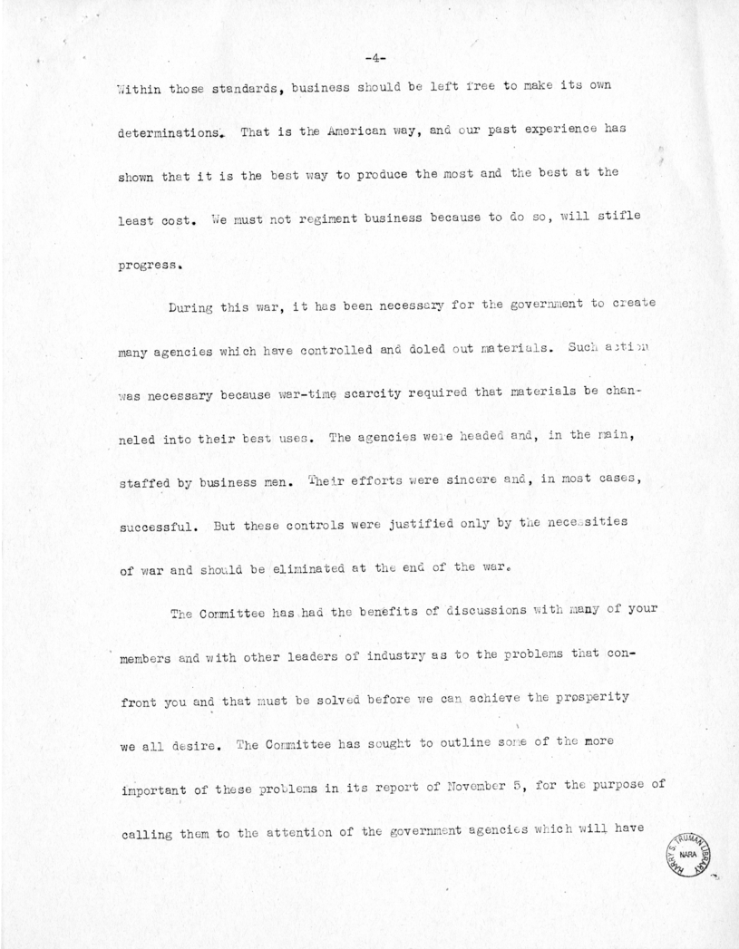 Speech of Senator Harry S. Truman Before the National Conference of the Society for Advancement of Management at New York, New York