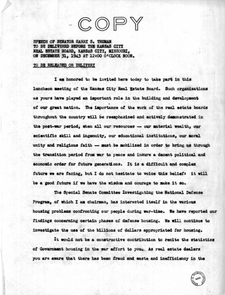 Speech of Senator Harry S. Truman Before the Kansas City Real Estate Board at Kansas City, Missouri