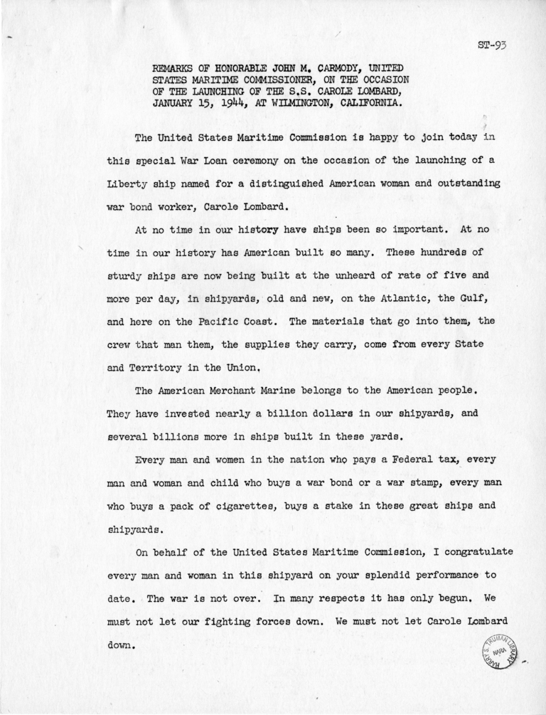 Speech of United States Maritime Commissioner John M. Carmody at Wilmington, California