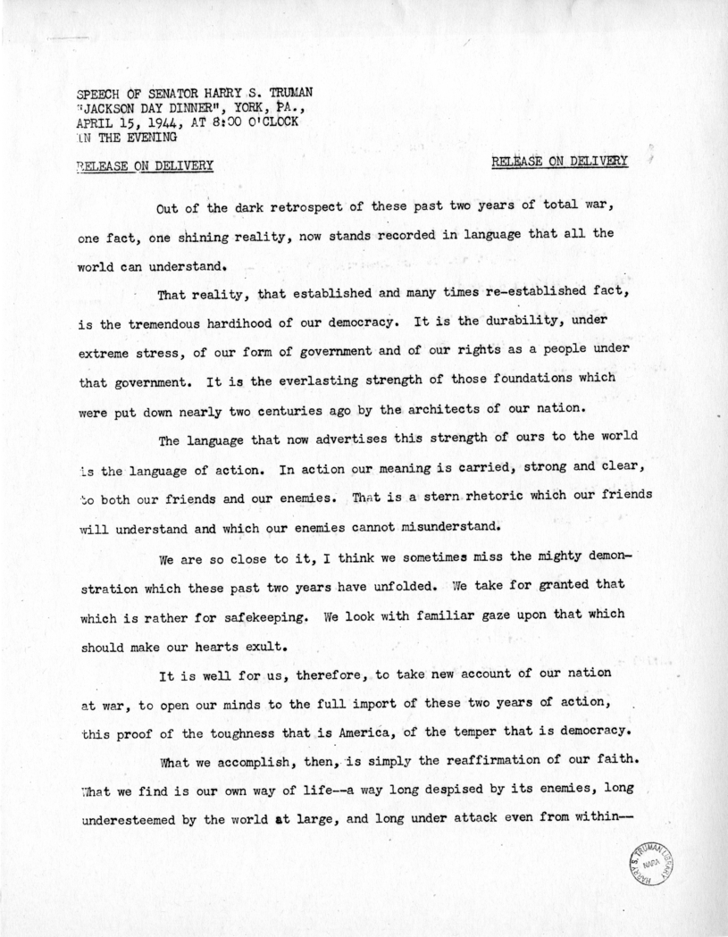 Speech of Senator Harry S. Truman at York, Pennsylvania