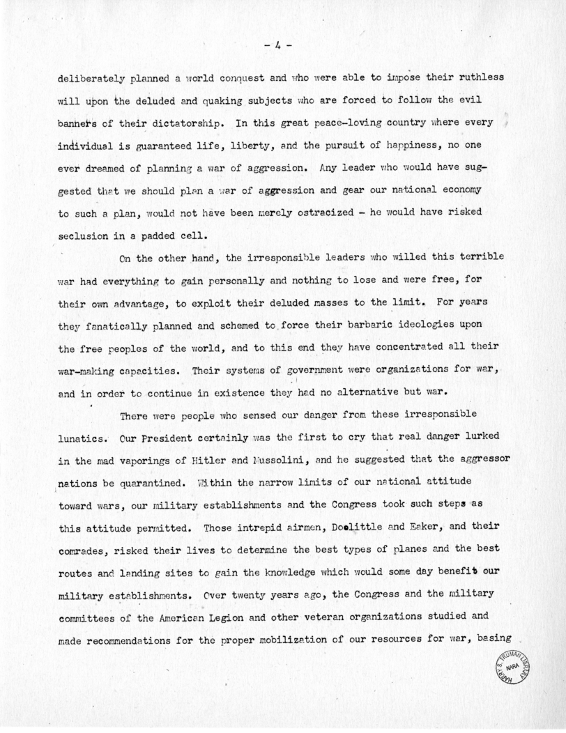 Speech of Senator Harry S. Truman Before the Tuscan Lodge at St. Louis, Missouri