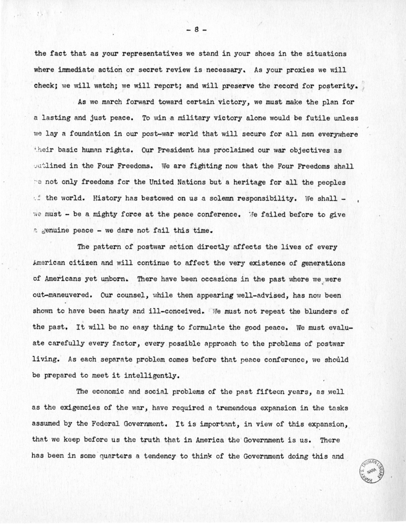 Speech of Senator Harry S. Truman Before the Tuscan Lodge at St. Louis, Missouri