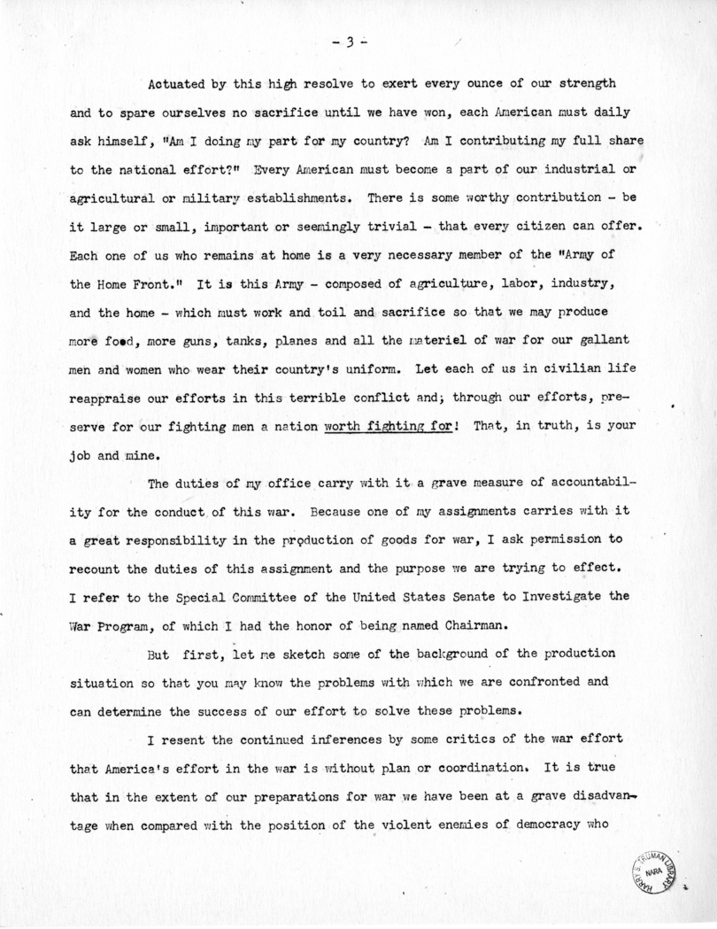 Speech of Senator Harry S. Truman at Before the Mount Washington Lodge, Kansas City, Missouri