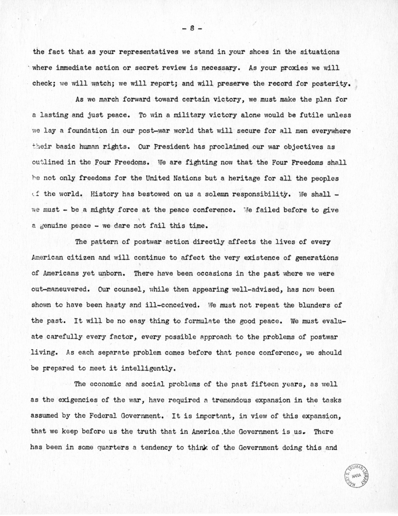 Speech of Senator Harry S. Truman at Before the Mount Washington Lodge, Kansas City, Missouri