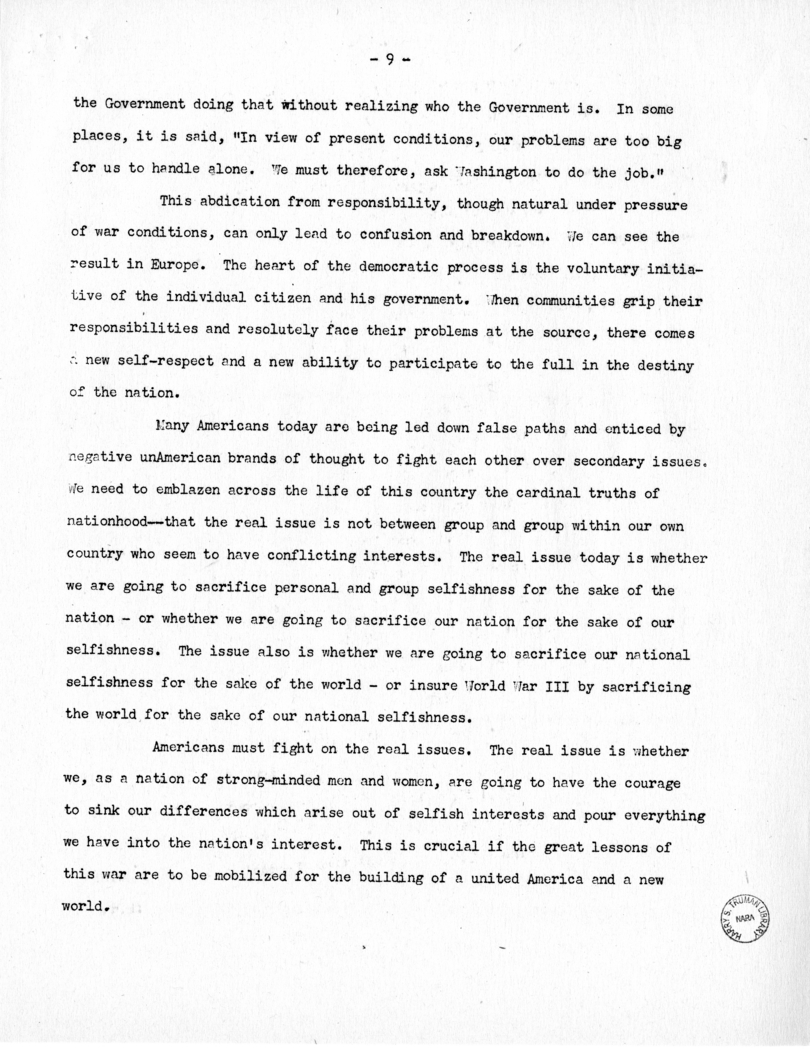 Speech of Senator Harry S. Truman at Before the Mount Washington Lodge, Kansas City, Missouri